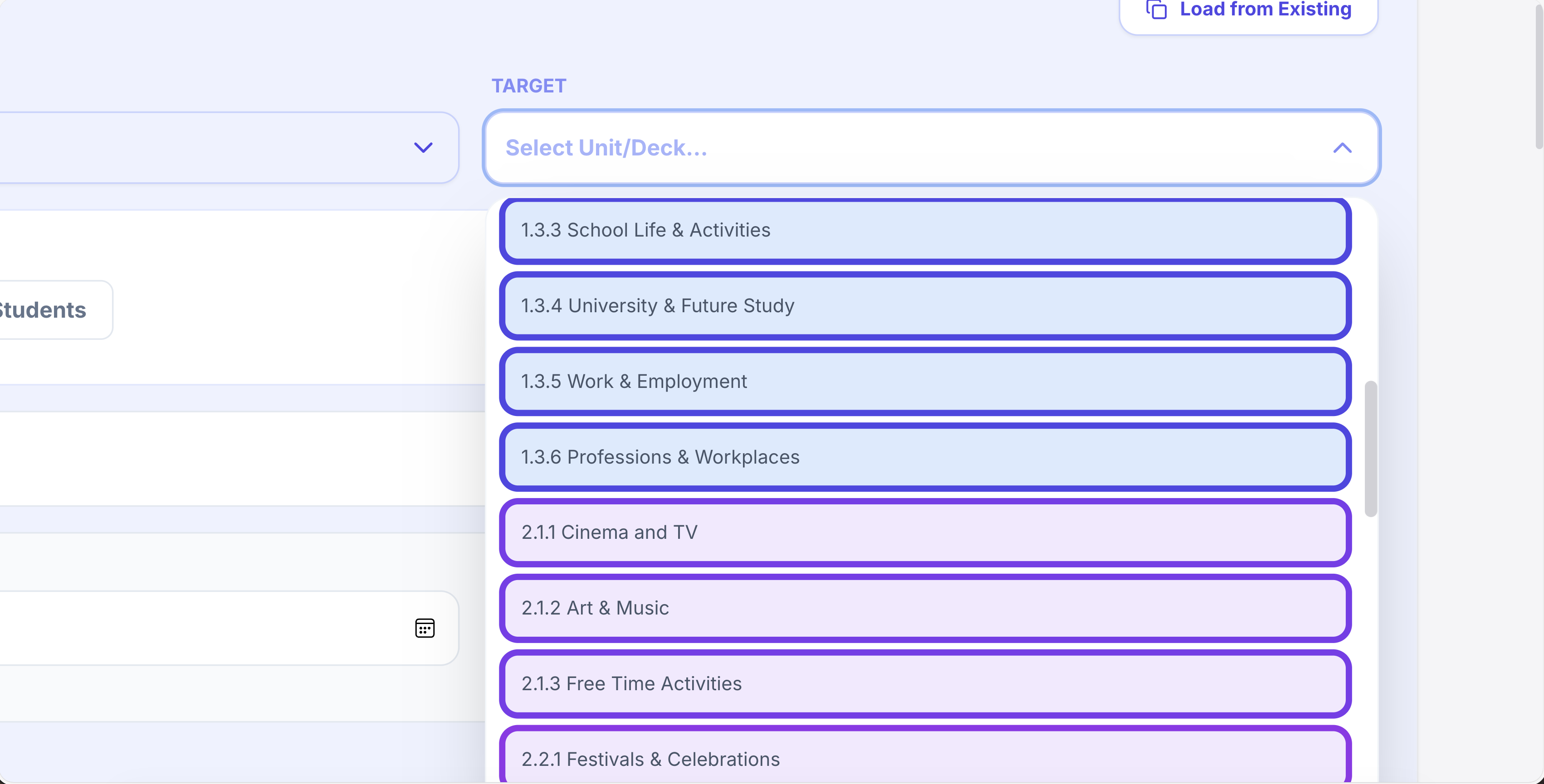 Grade 9 School curriculum and lesson selection screen
